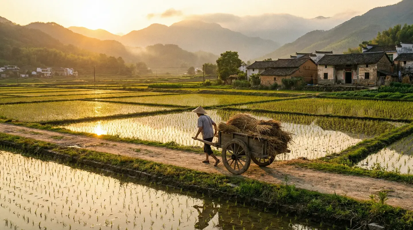 学长的手指在里面转动的写作业呢 - 金色夕阳下的乡村田野，老农推着木车行走在田埂上
